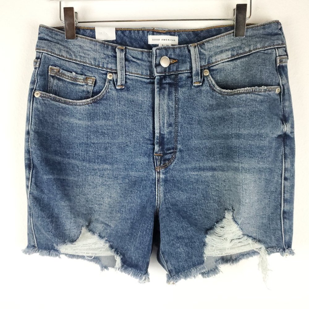 Good American bombshell jean shorts indigo 8 / 29 distressed NWT high rise